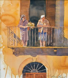 To italienske kvinder på balkon. 50x60 cm.  